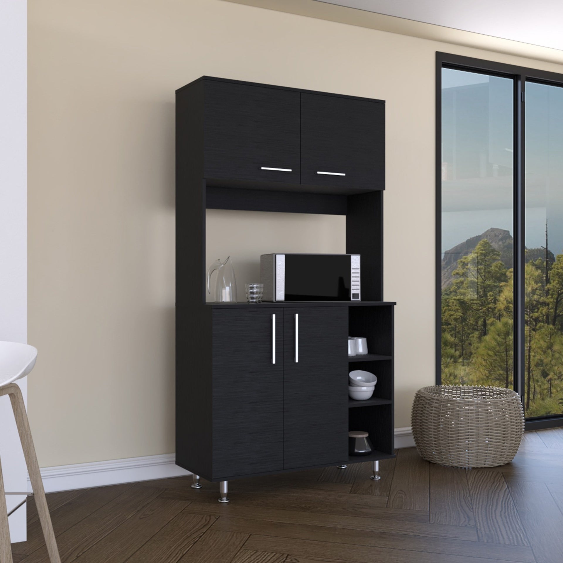 95 Pantry Kit, Four Legs, Double Door Cabinet, Three Shelves  -Black