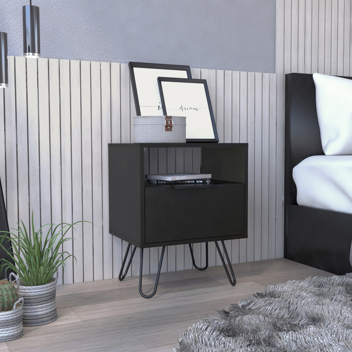 Augusta Nightstand , End Table, Side Table Single Door Cabinet, Hairpin Legs -Black