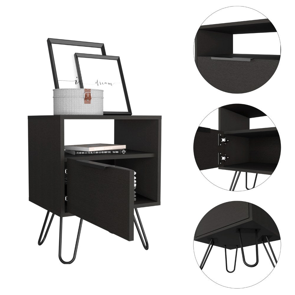 Augusta Nightstand , End Table, Side Table Single Door Cabinet, Hairpin Legs -Black