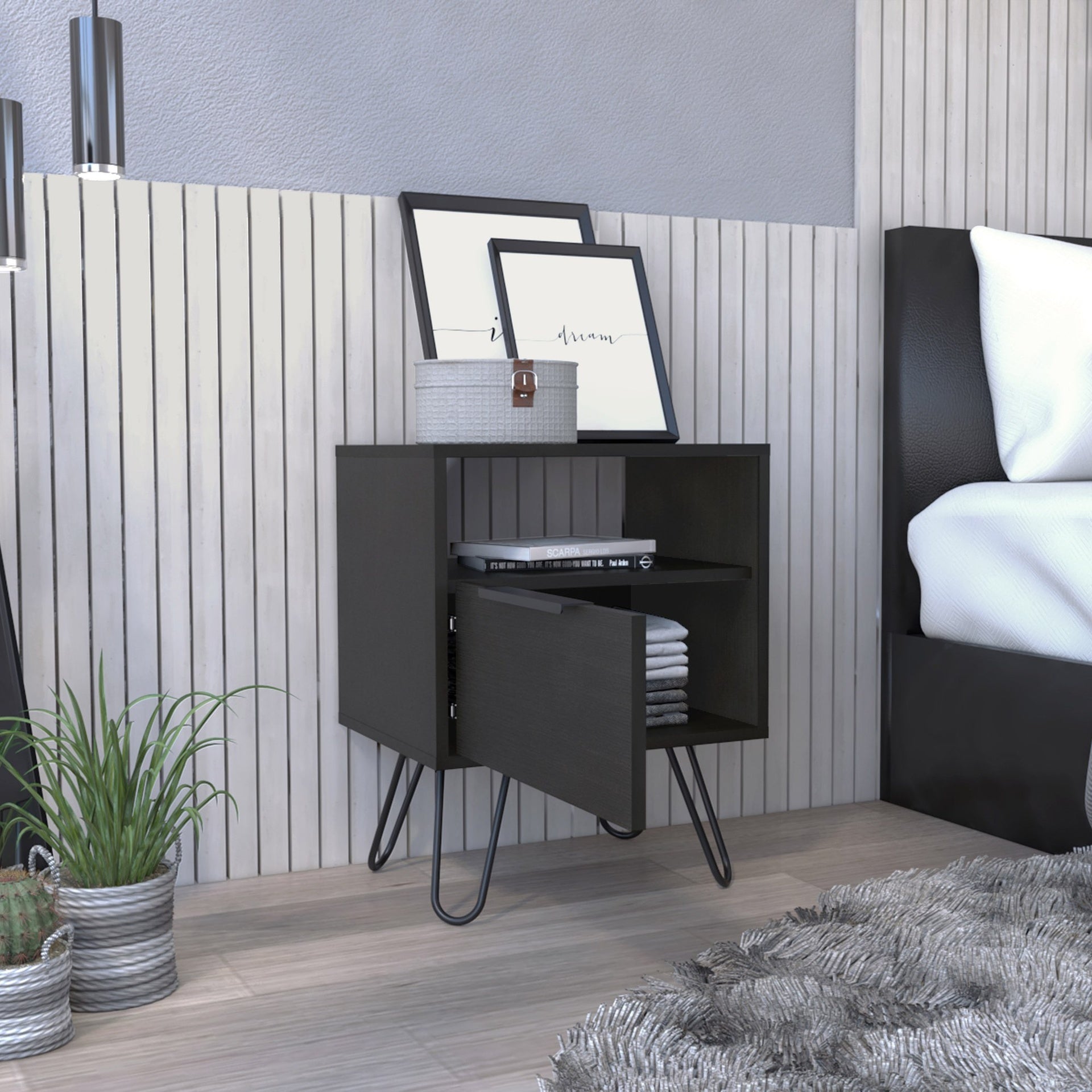 Augusta Nightstand , End Table, Side Table Single Door Cabinet, Hairpin Legs -Black
