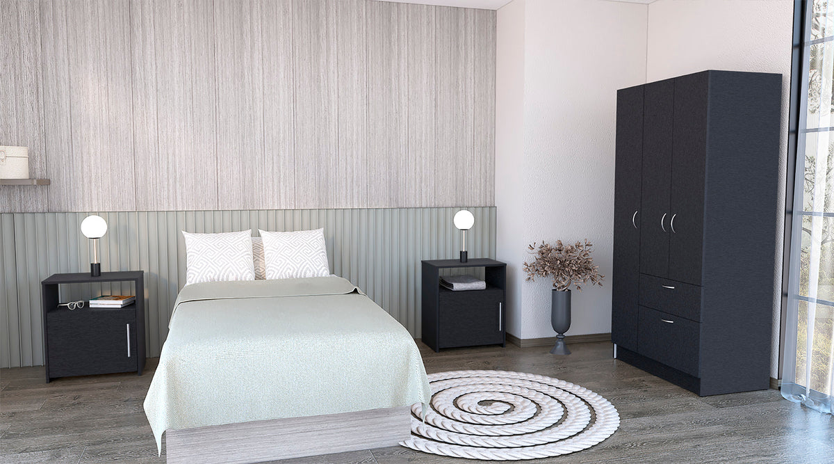 3 Piece Bedroom Set, Cartagena Armoire + 2 Omaha Nightstands, Black