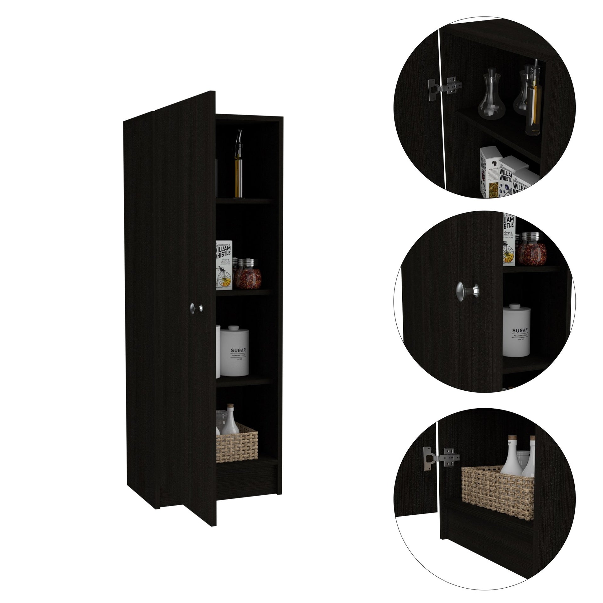 Belleria Single Door Pantry Storage Cabinet with Four Interior Shelves  -Black