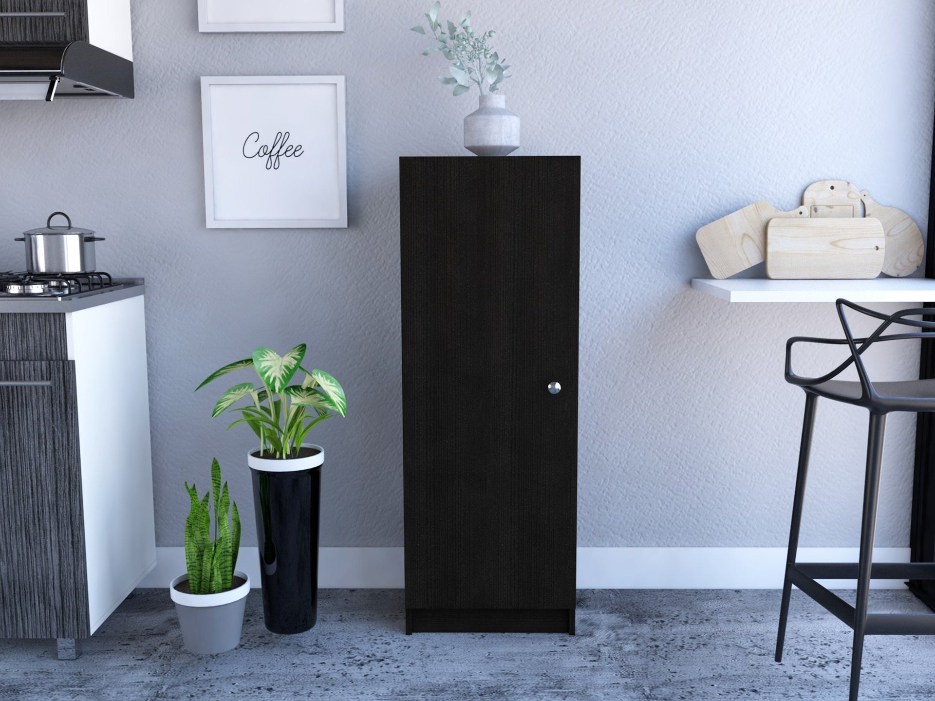 Belleria Single Door Pantry Storage Cabinet with Four Interior Shelves  -Black