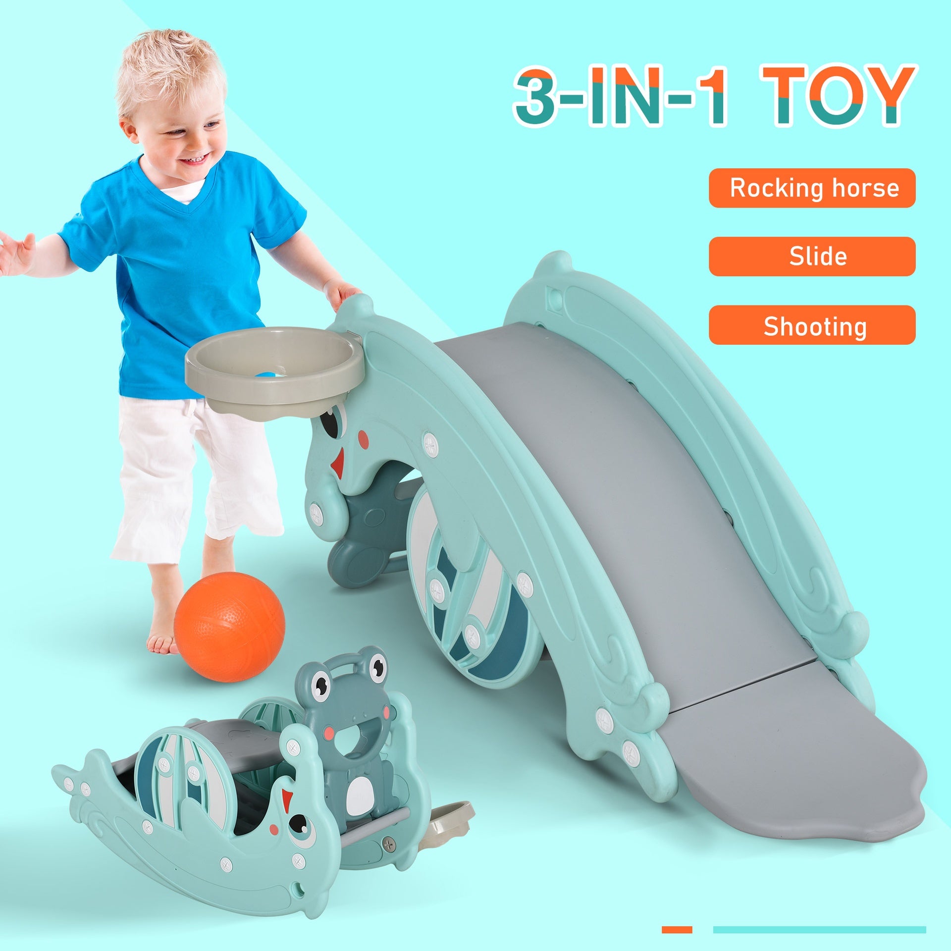 Qaba 3-in-1 Kids Portable Slide Rocking Horse Toy with Basketball Hoop for Age 1.5-3 Boys and Girls, Mint Green