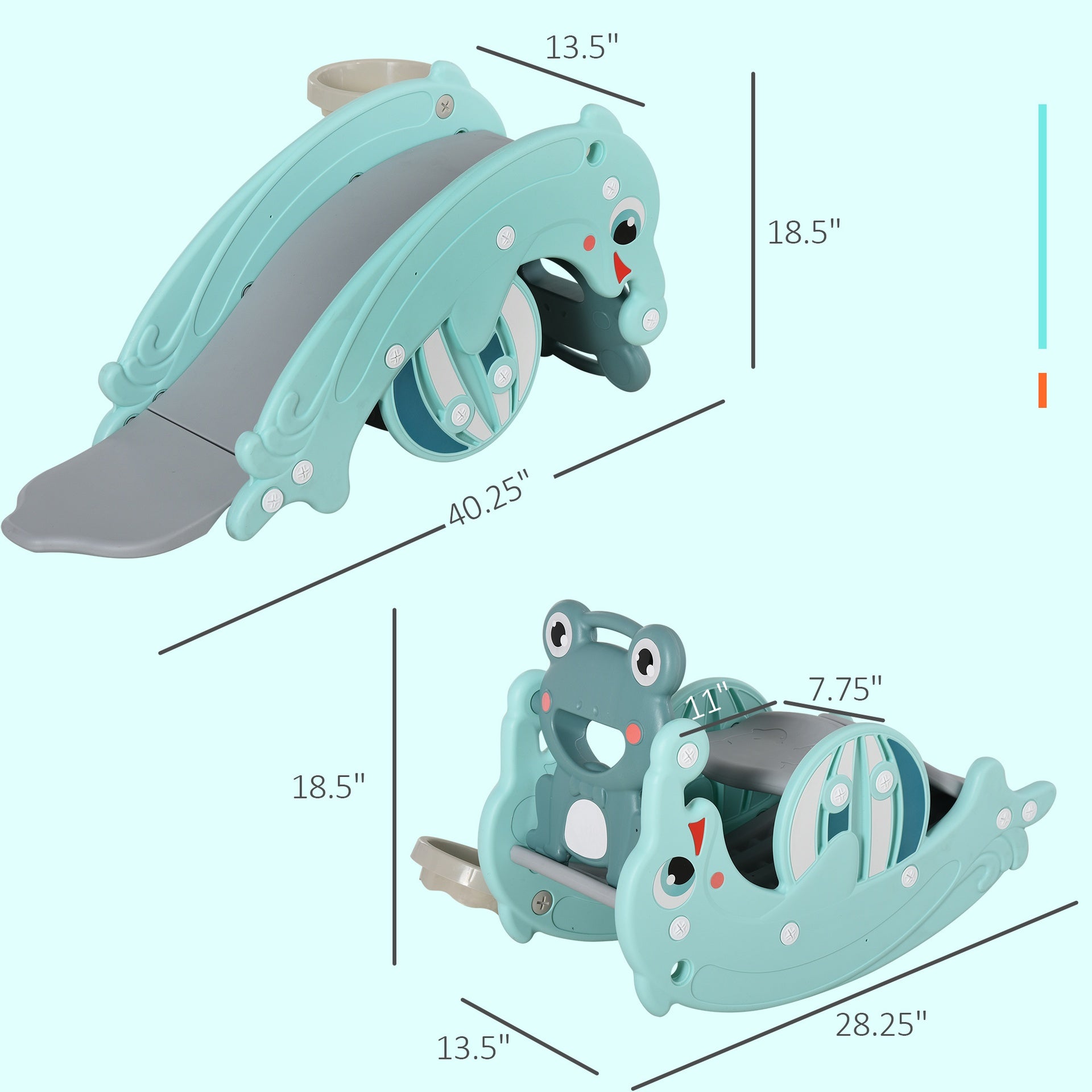 Qaba 3-in-1 Kids Portable Slide Rocking Horse Toy with Basketball Hoop for Age 1.5-3 Boys and Girls, Mint Green