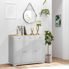 HOMCOM Kitchen Storage Cabinet, Sideboard Floor Cupboard with Solid Wood Top, Adjustable Shelf, and 3 Drawers, Gray