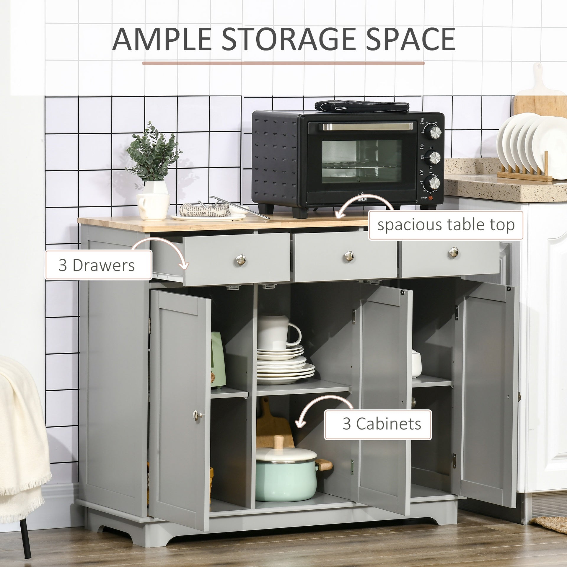 HOMCOM Kitchen Storage Cabinet, Sideboard Floor Cupboard with Solid Wood Top, Adjustable Shelf, and 3 Drawers, Gray