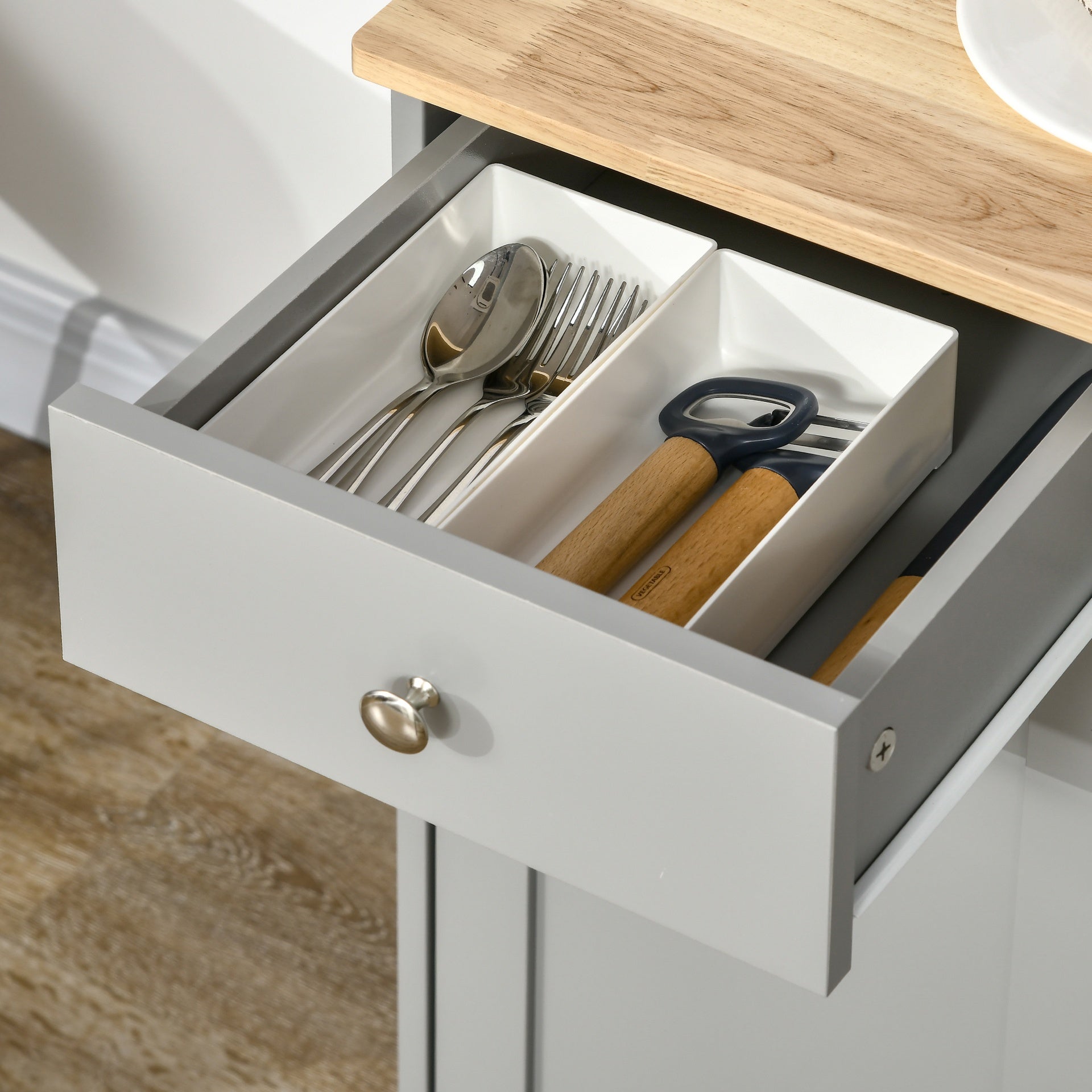 HOMCOM Kitchen Storage Cabinet, Sideboard Floor Cupboard with Solid Wood Top, Adjustable Shelf, and 3 Drawers, Gray