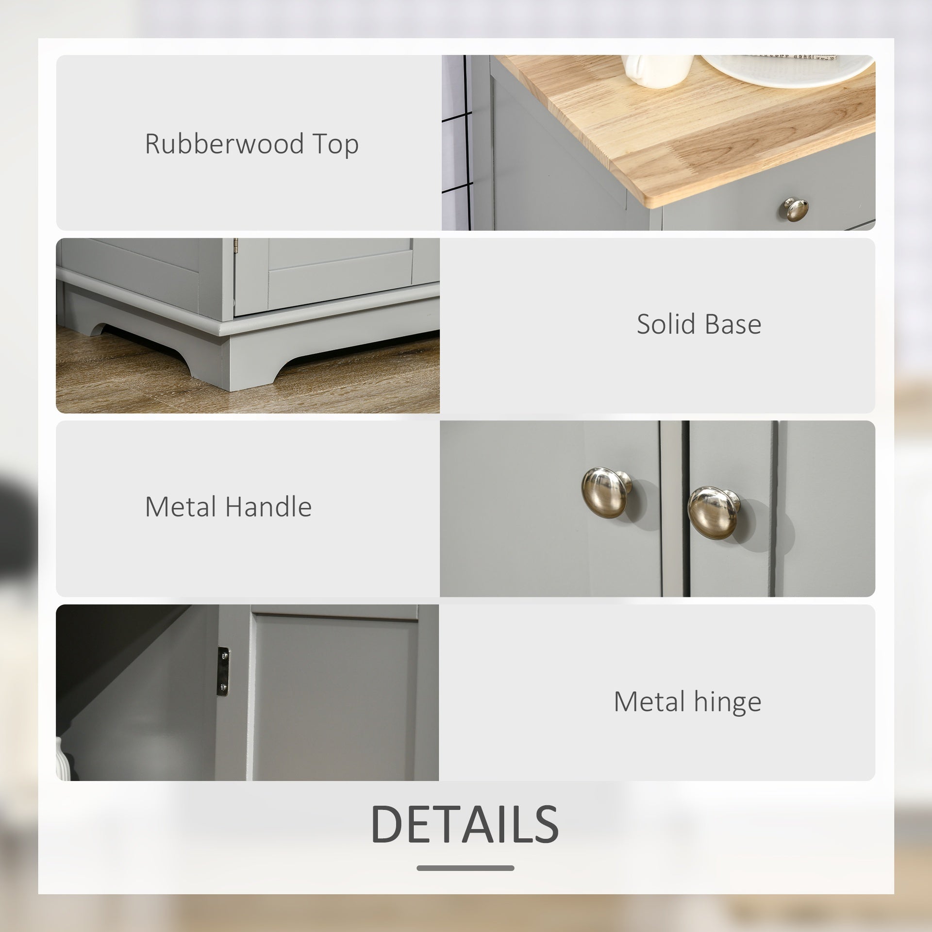 HOMCOM Kitchen Storage Cabinet, Sideboard Floor Cupboard with Solid Wood Top, Adjustable Shelf, and 3 Drawers, Gray