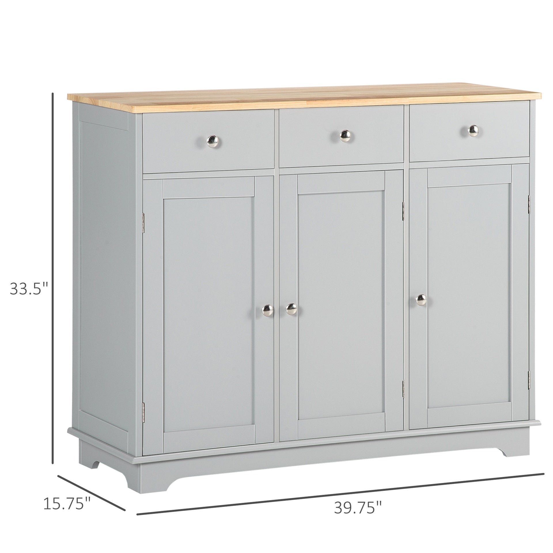 HOMCOM Kitchen Storage Cabinet, Sideboard Floor Cupboard with Solid Wood Top, Adjustable Shelf, and 3 Drawers, Gray