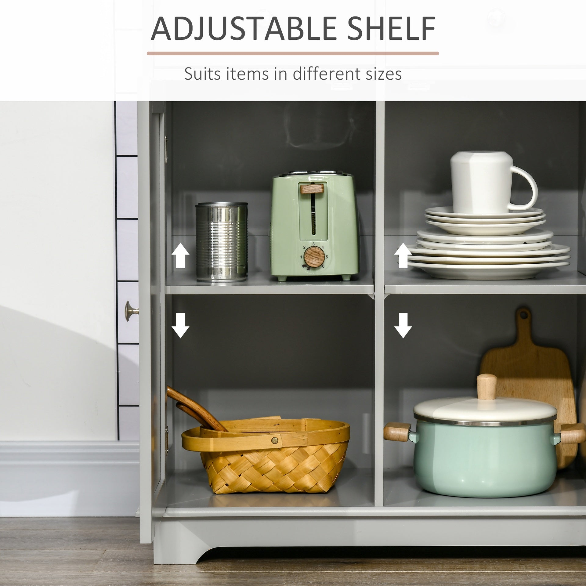 HOMCOM Kitchen Storage Cabinet, Sideboard Floor Cupboard with Solid Wood Top, Adjustable Shelf, and 3 Drawers, Gray