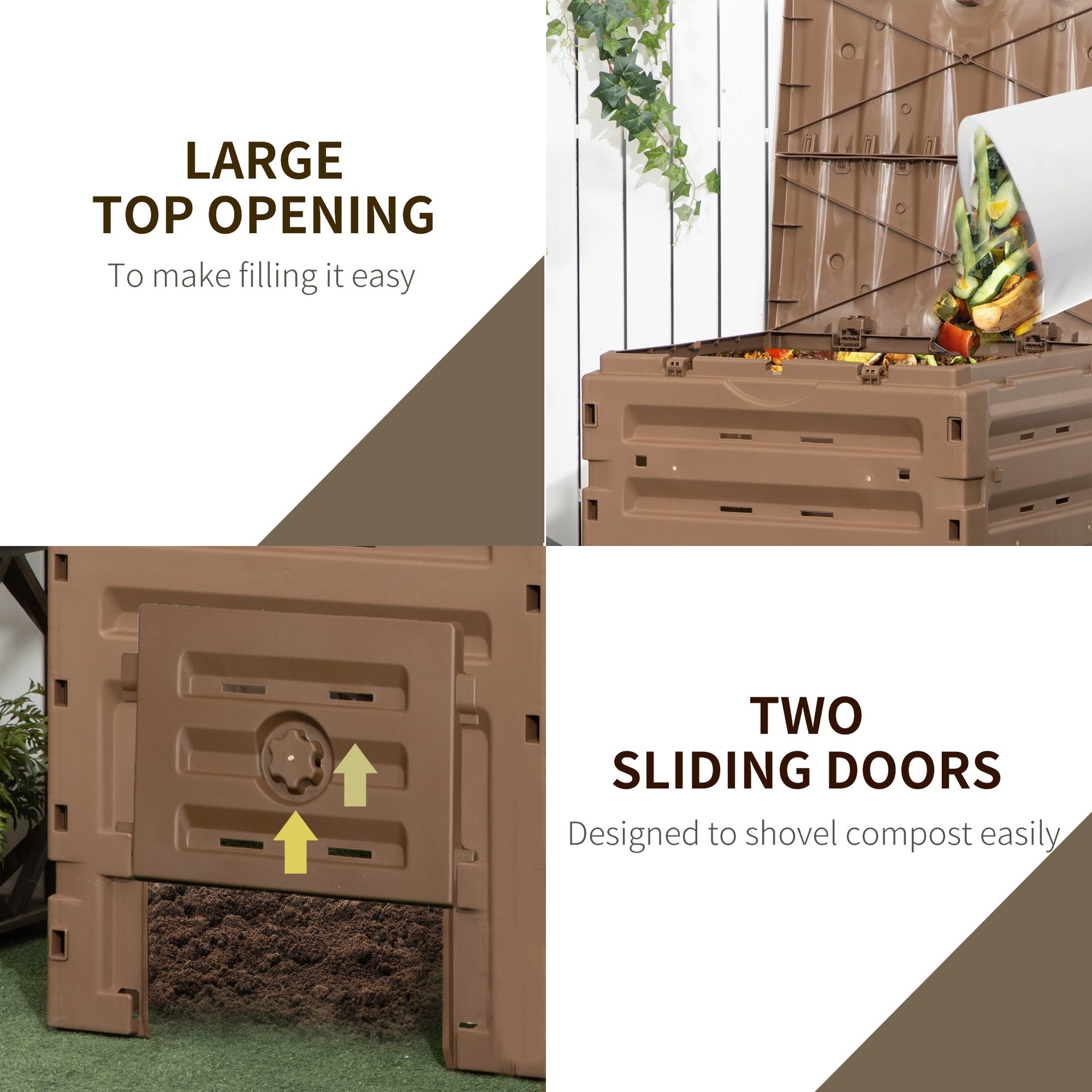 Outsunny Garden Compost Bin, 120 Gallon (450L) Garden Composter, BPA Free, with 80 Vents and 2 Sliding Doors, Lightweight & Sturdy, Fast Creation of Fertile Soil, Brown
