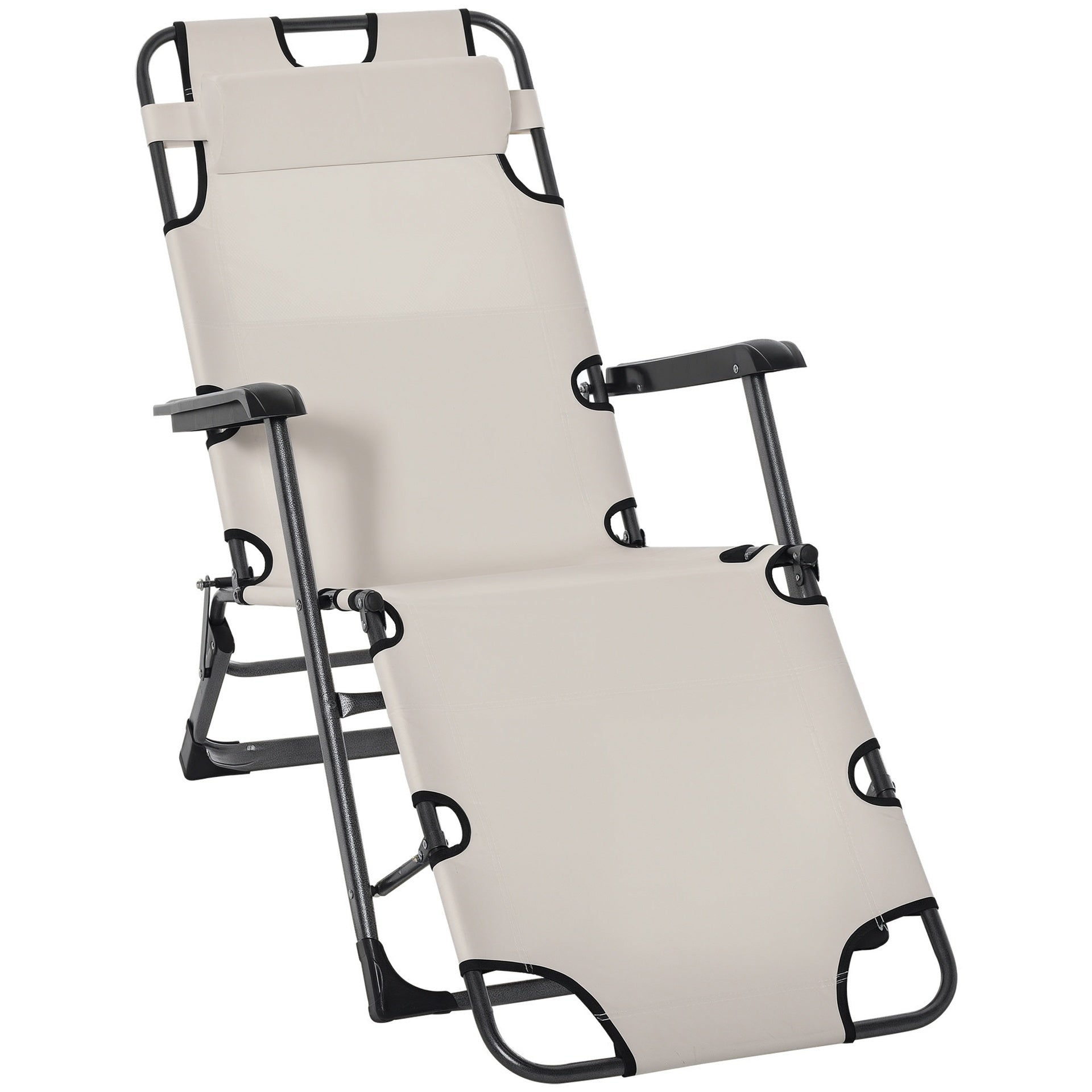 Outsunny Folding Chaise Lounge Chair for Outside, 2-in-1 Tanning Chair with Pillow & Pocket, Adjustable Pool Chair for Beach, Patio, Lawn, Deck, Cream White