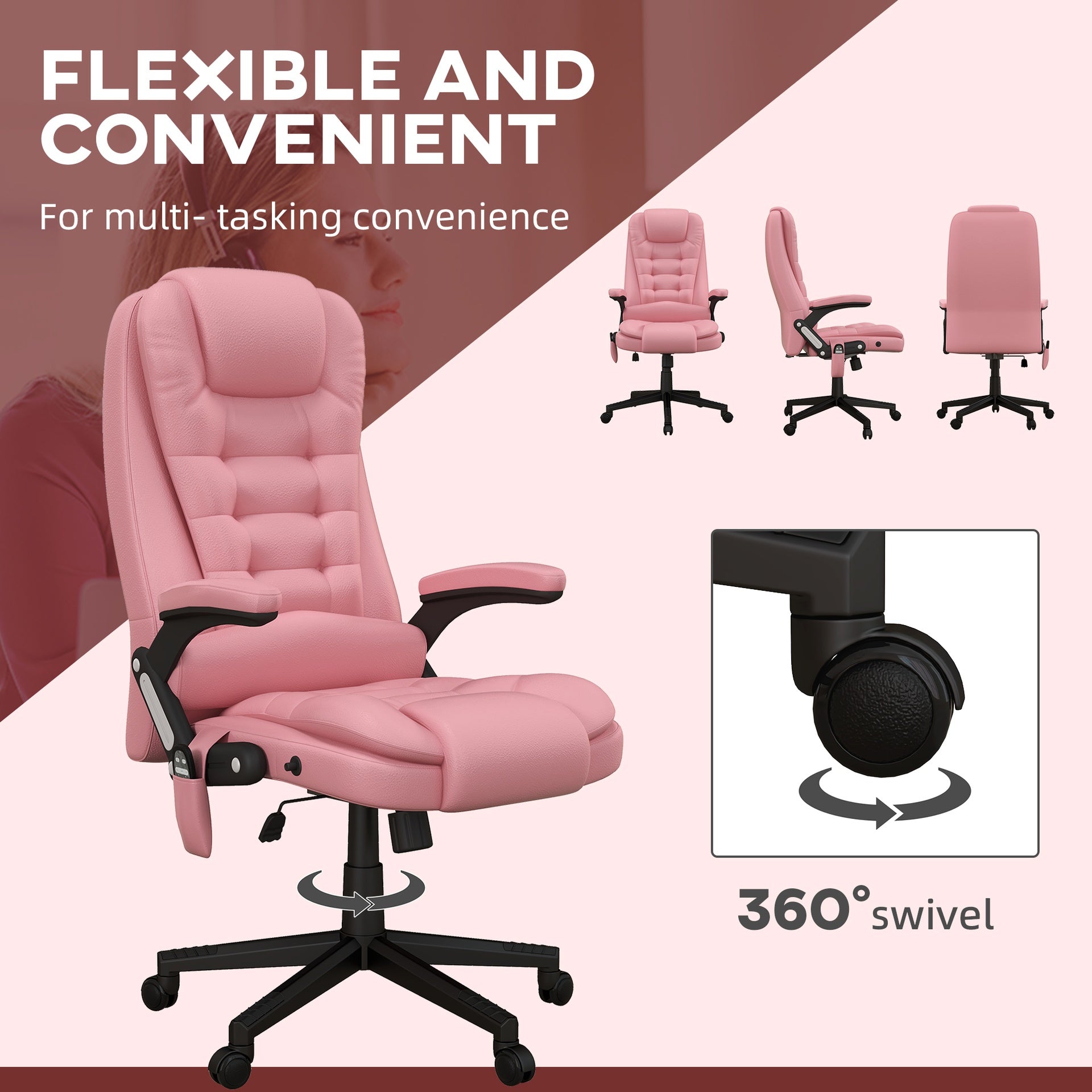 HOMCOM Massage Office Chair, Heated Reclining Computer Chair with 6 Vibration Points, Armrest and Remote, Pink