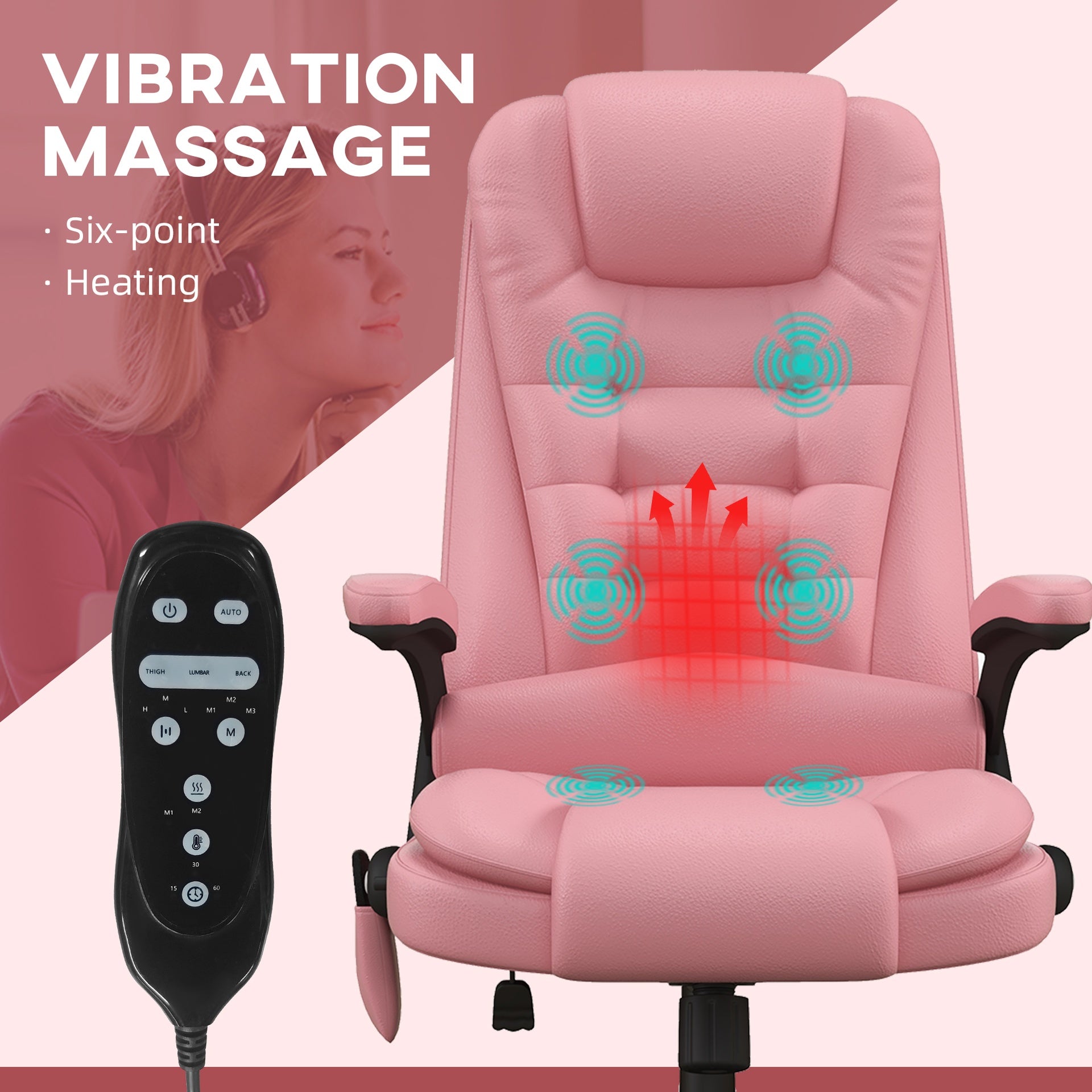 HOMCOM Massage Office Chair, Heated Reclining Computer Chair with 6 Vibration Points, Armrest and Remote, Pink