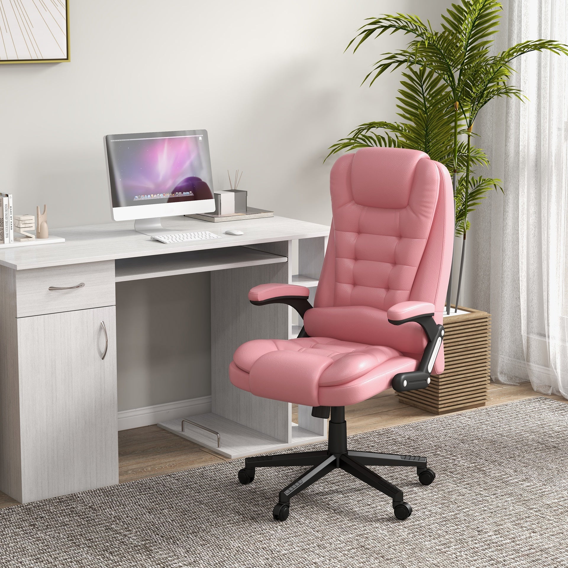 HOMCOM Massage Office Chair, Heated Reclining Computer Chair with 6 Vibration Points, Armrest and Remote, Pink