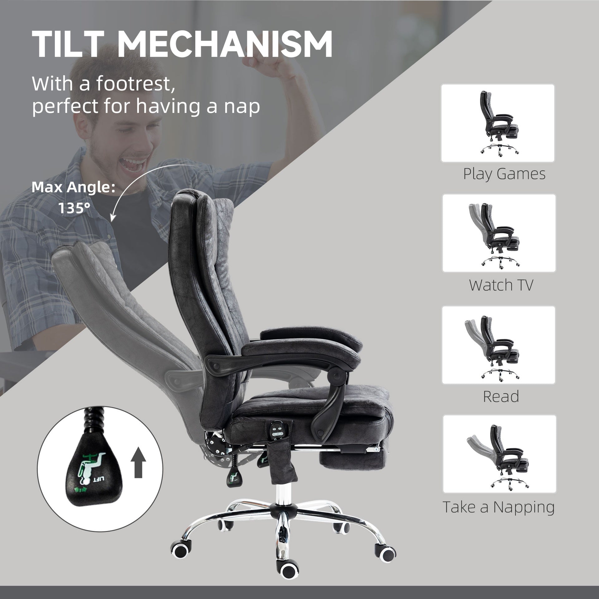 Vinsetto Massage Office Chair, 6 Points and Heat, Reclining Computer Chair with High Back, Adjustable Height and Footrest, Black