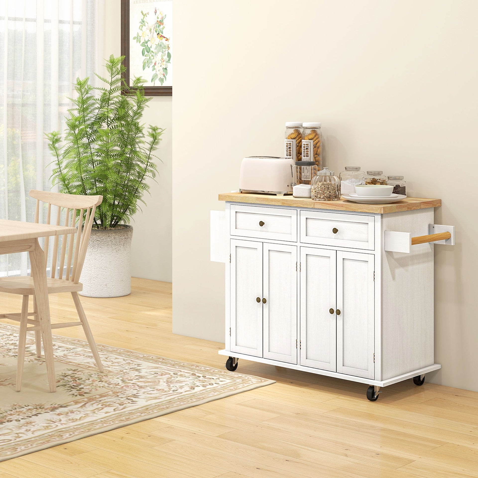 HOMCOM Modern Rolling Kitchen Island Cart with Spice Rack, Distressed White