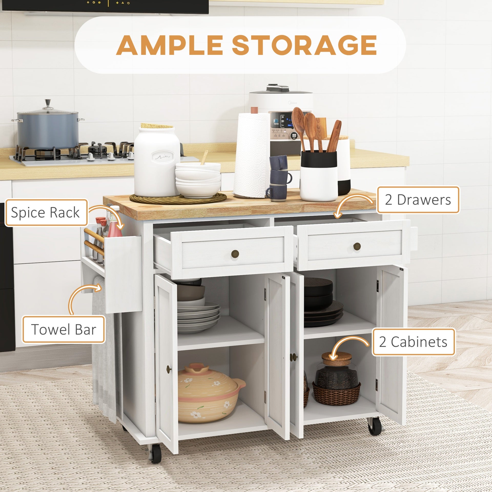 HOMCOM Modern Rolling Kitchen Island Cart with Spice Rack, Distressed White