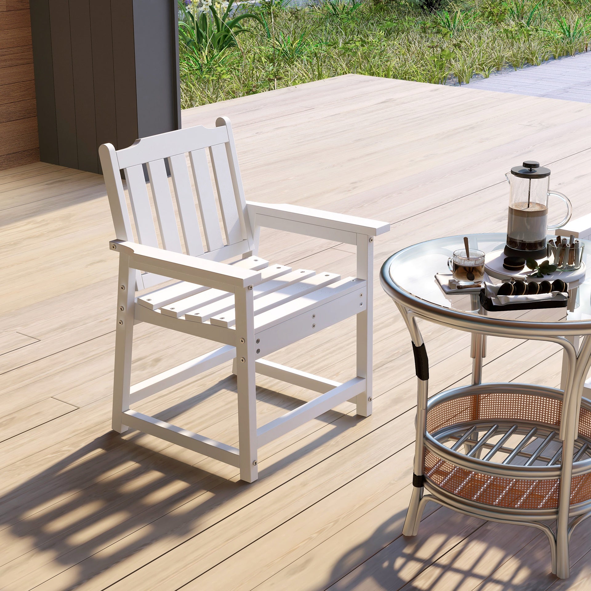Outsunny All-Weather Patio Chair, HDPE Patio Dining Chair, Heavy Duty Wood-Like Outdoor Furniture for Garden, Backyard, Deck, Porch, Lawn, White