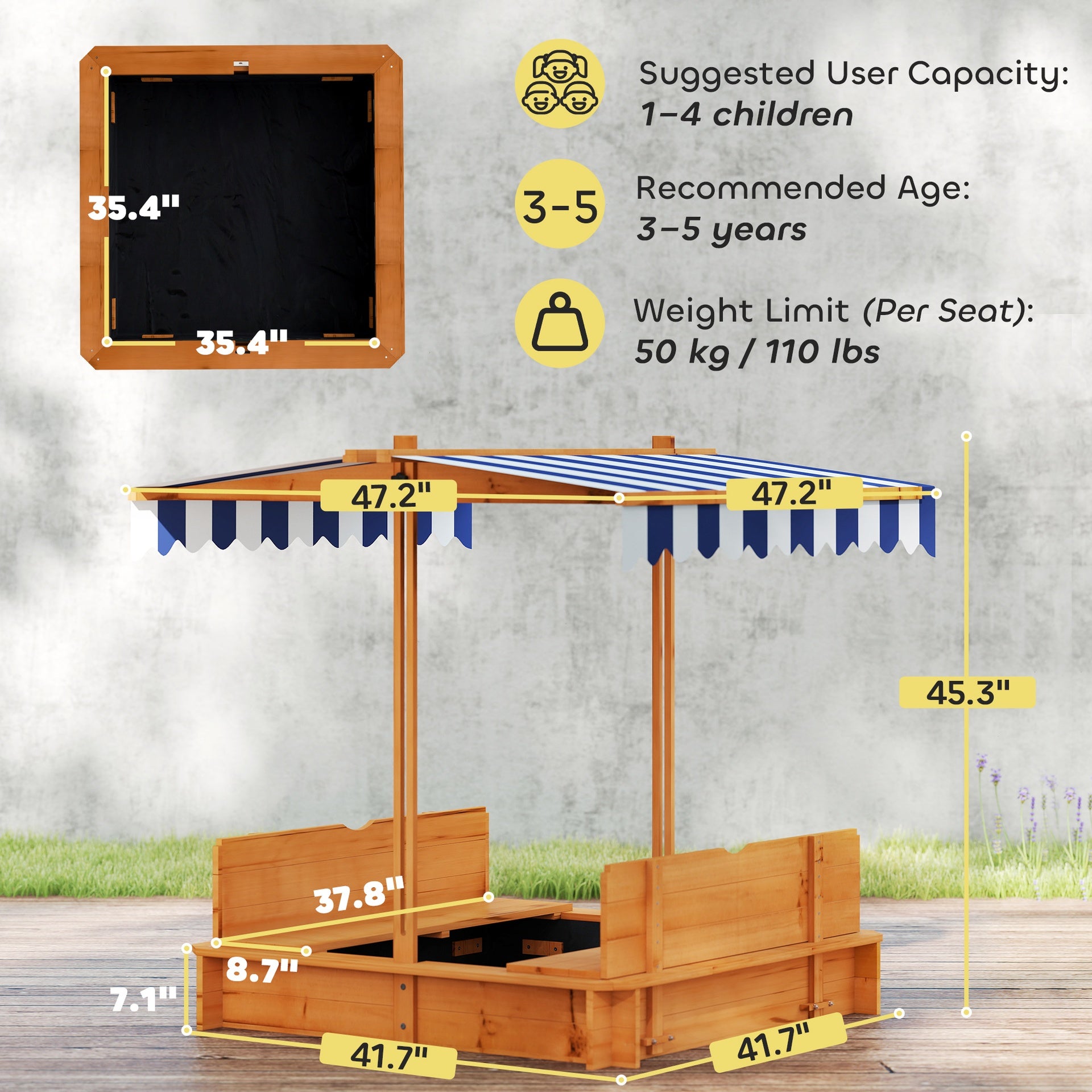 Outsunny Wooden Kids Sandbox with Cover, Children Outdoor Sand Box with Foldable Bench Seats and Adjustable Canopy, Brown