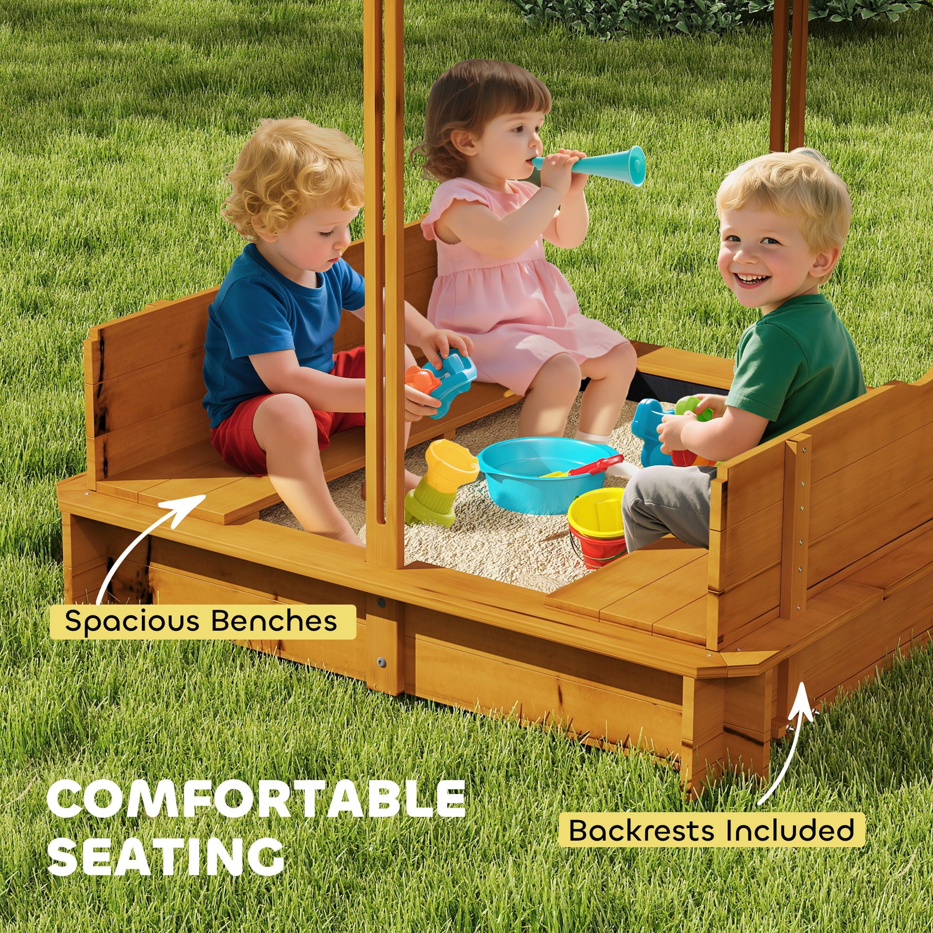 Outsunny Wooden Kids Sandbox with Cover, Children Outdoor Sand Box with Foldable Bench Seats and Adjustable Canopy, Brown