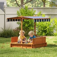 Outsunny Wooden Kids Sandbox with Cover, Children Outdoor Sand Box with Foldable Bench Seats and Adjustable Canopy, Brown