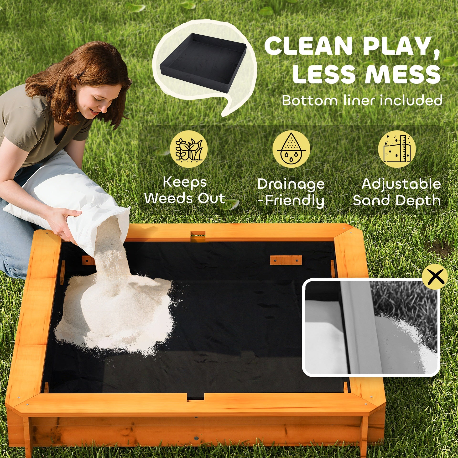 Outsunny Wooden Kids Sandbox with Cover, Children Outdoor Sand Box with Foldable Bench Seats and Adjustable Canopy, Brown