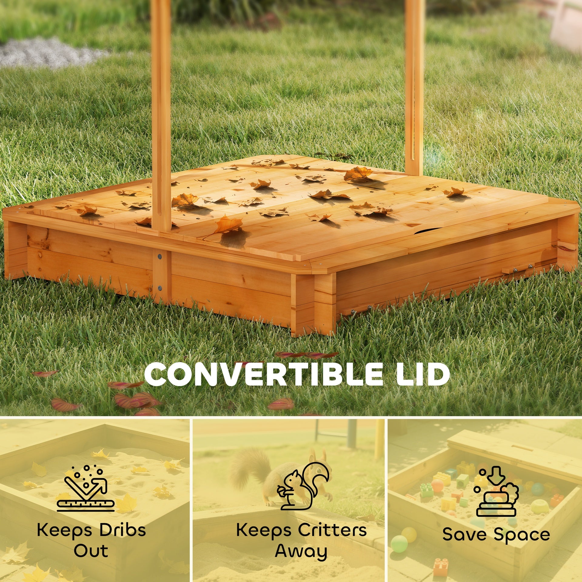 Outsunny Wooden Kids Sandbox with Cover, Children Outdoor Sand Box with Foldable Bench Seats and Adjustable Canopy, Brown