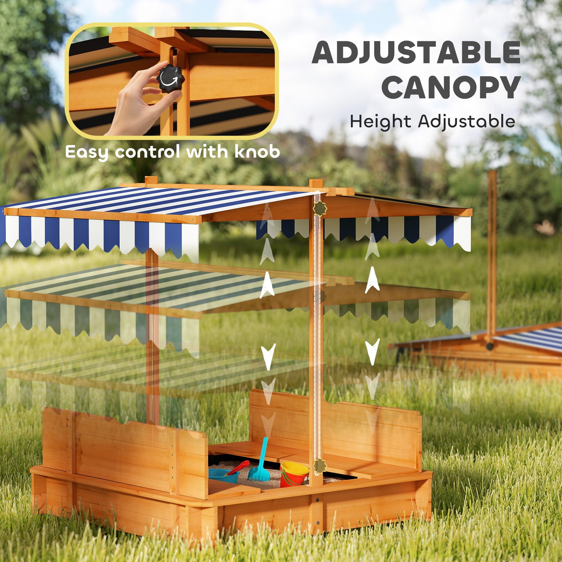Outsunny Wooden Kids Sandbox with Cover, Children Outdoor Sand Box with Foldable Bench Seats and Adjustable Canopy, Brown