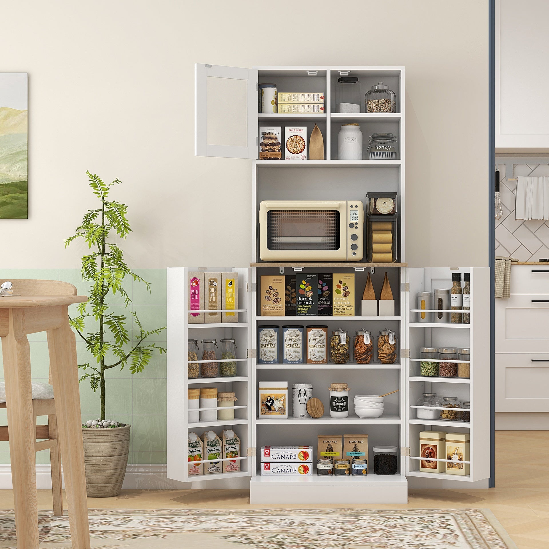 HOMCOM 66.5" Tall Kitchen Pantry Cabinet, Kitchen Hutch, Microwave Cabinet with Adjustable Shelves for Dining Room, White