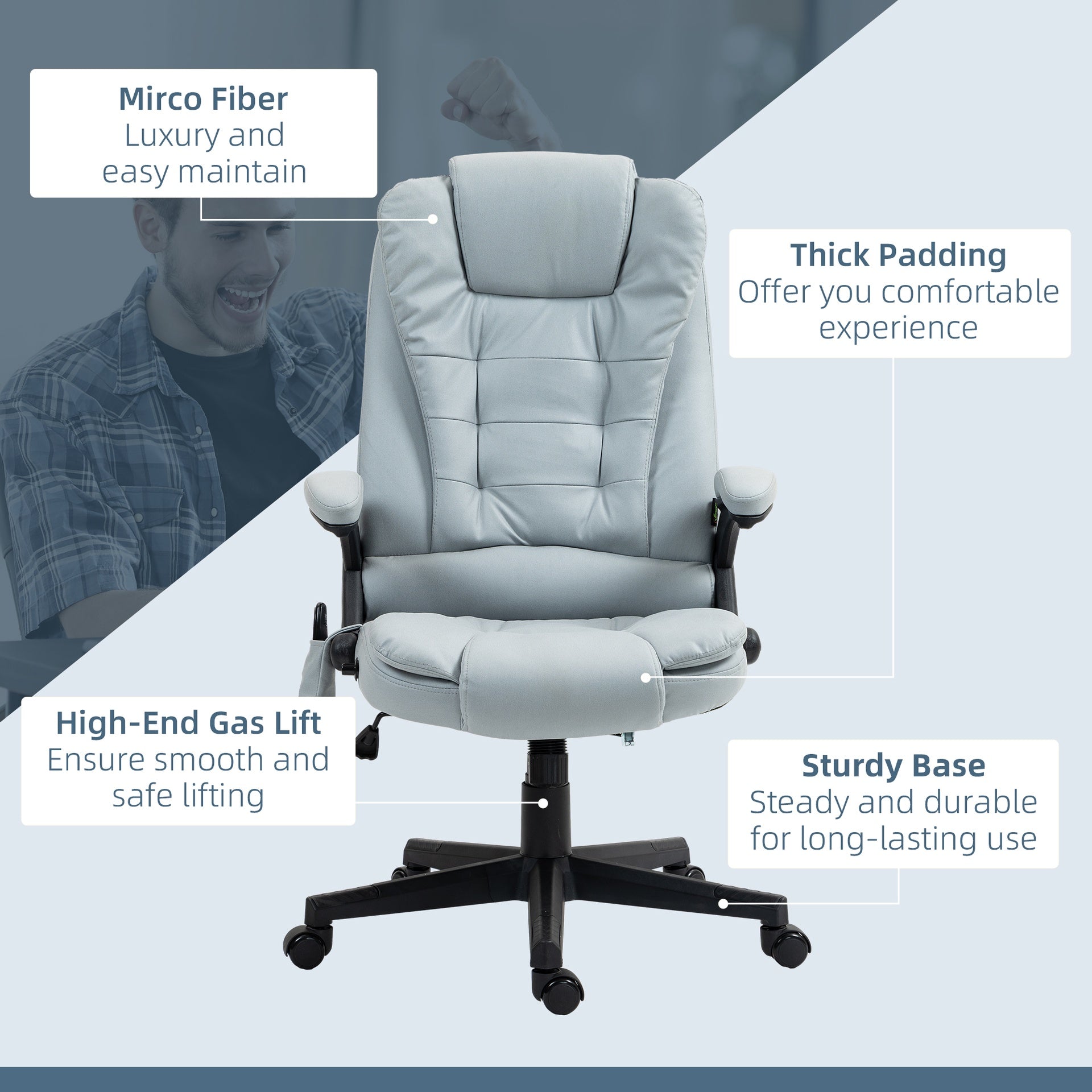 Vinsetto 6 Point Vibrating Massage Office Chair with Heat, Microfiber Massage Desk Chair with Reclining Backrest, Light Gray
