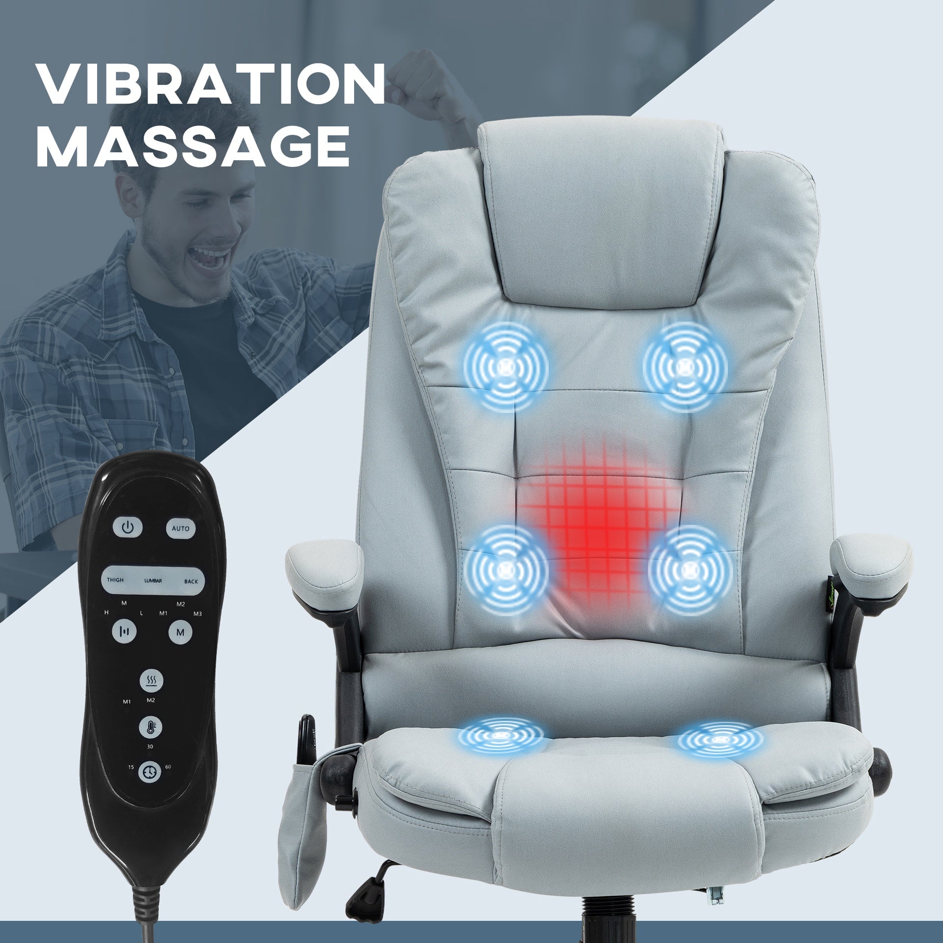Vinsetto 6 Point Vibrating Massage Office Chair with Heat, Microfiber Massage Desk Chair with Reclining Backrest, Light Gray