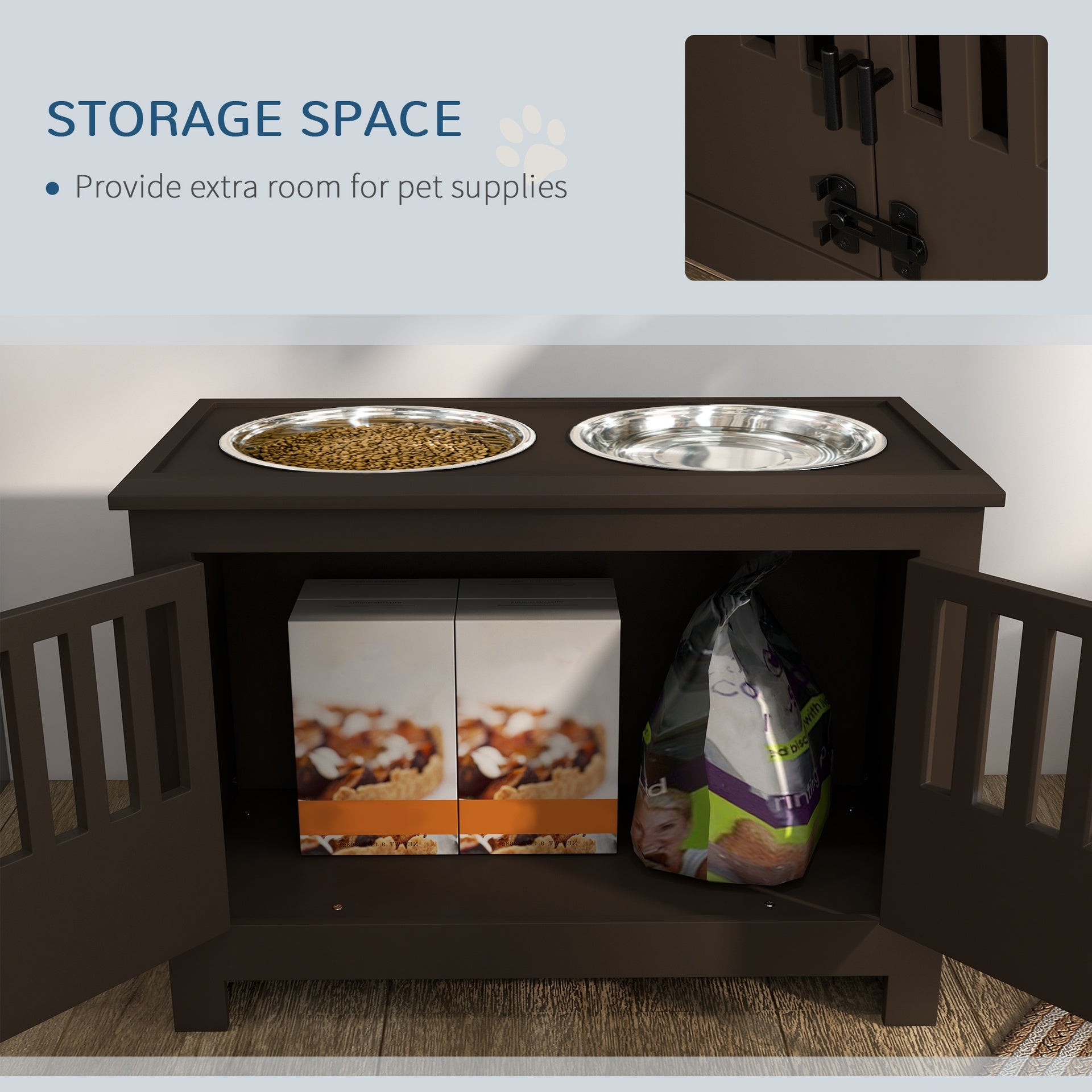 PawHut Dog Food Storage Cabinet with Bowls & Dog Feeding Station, Espresso