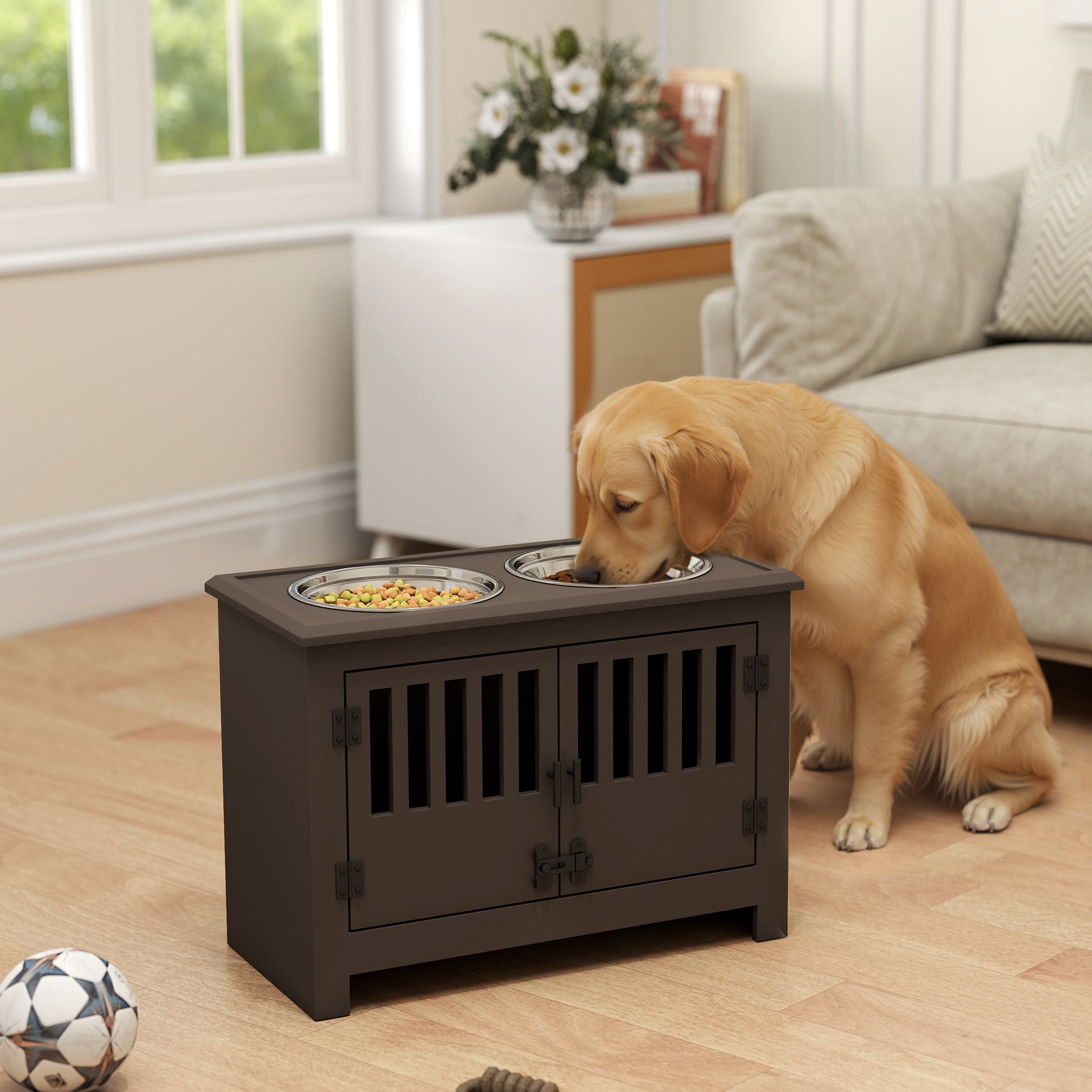 PawHut Dog Food Storage Cabinet with Bowls & Dog Feeding Station, Espresso