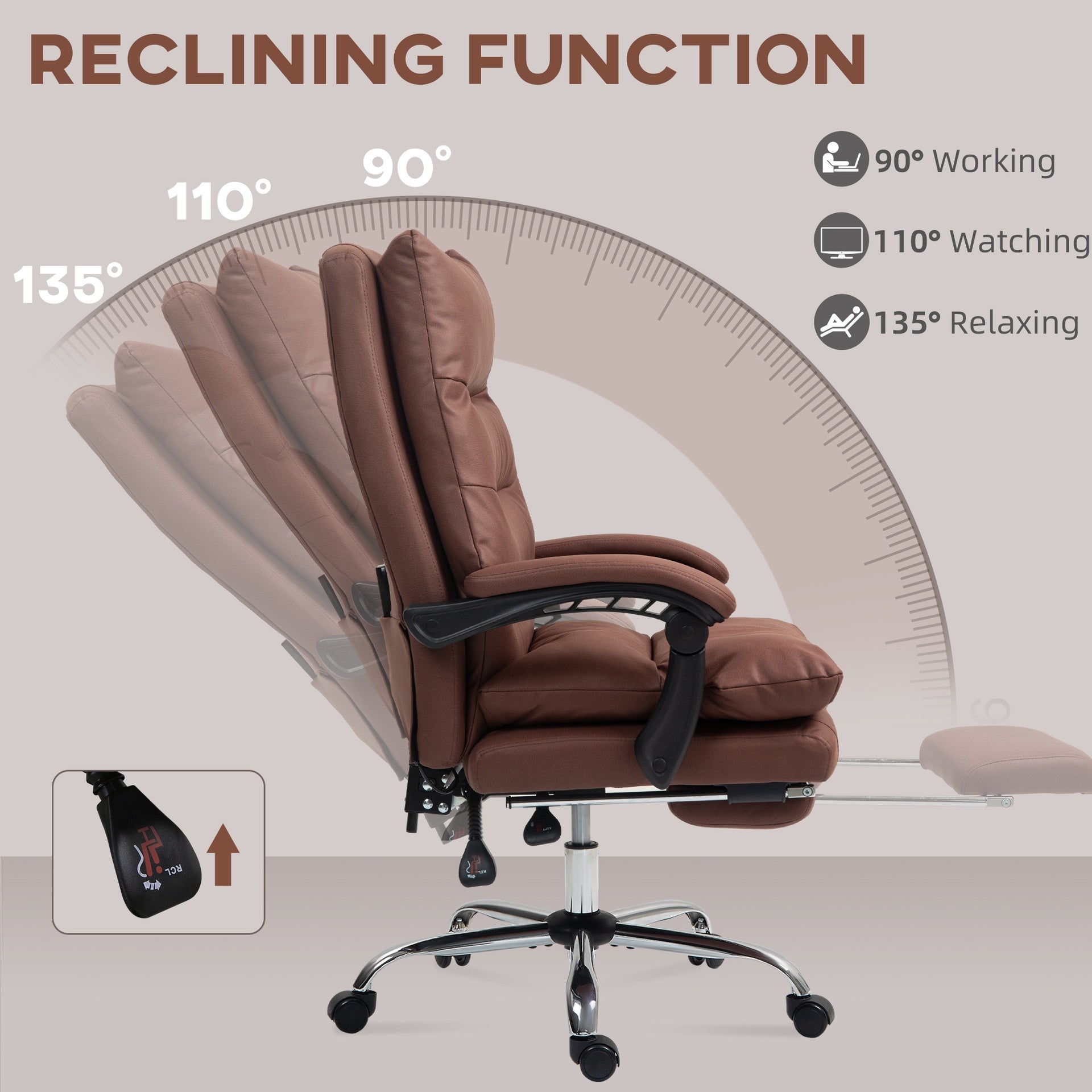 Vinsetto Microfibre Massage Office Chair, Heated Reclining Chair with Footrest, Double-tier Padding, Swivel Wheels, Coffee