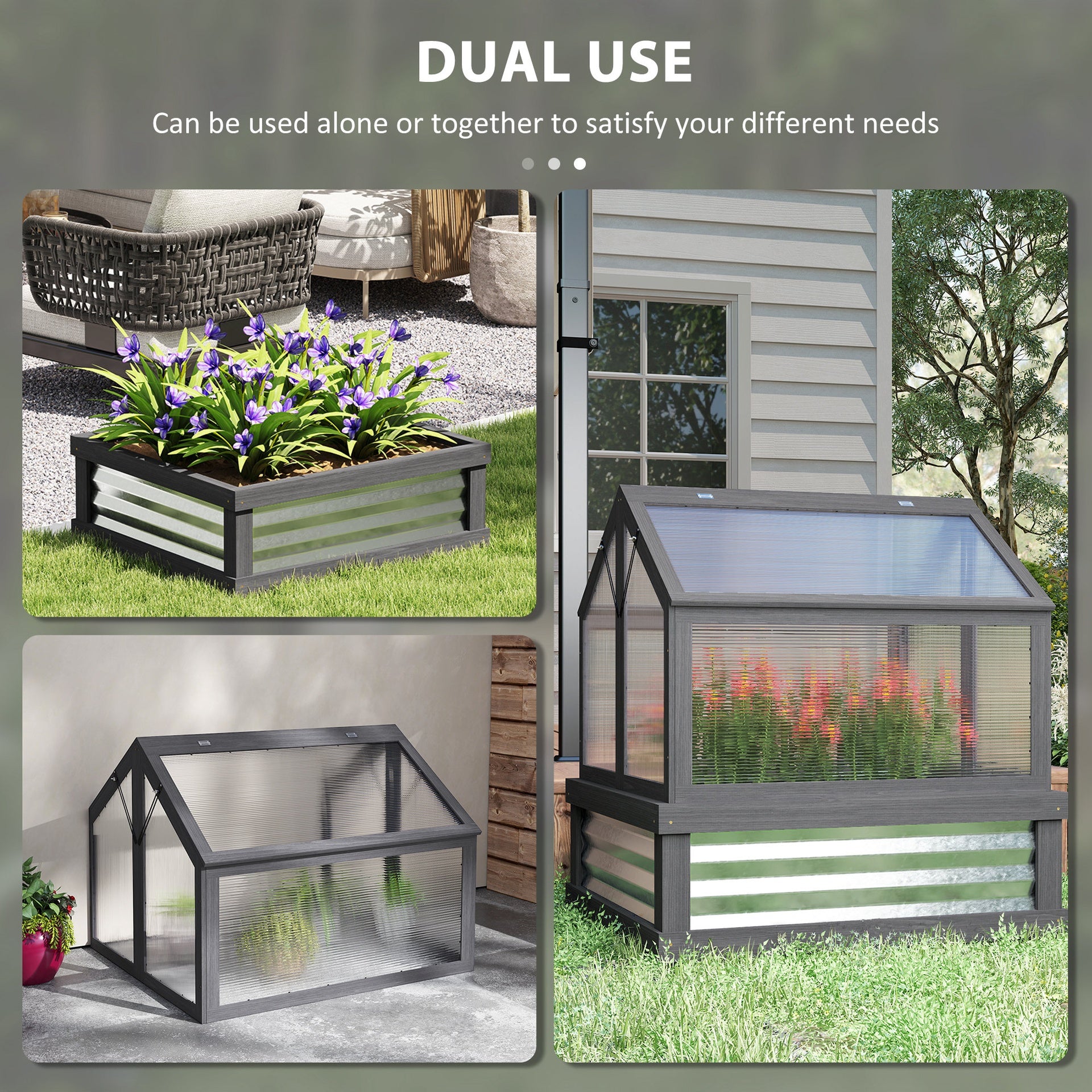 Outsunny Raised Garden Flower Bed Kit with Greenhouse, Wooden Cold Frame Planter, 35.5" x 31.5" x 36", Gray