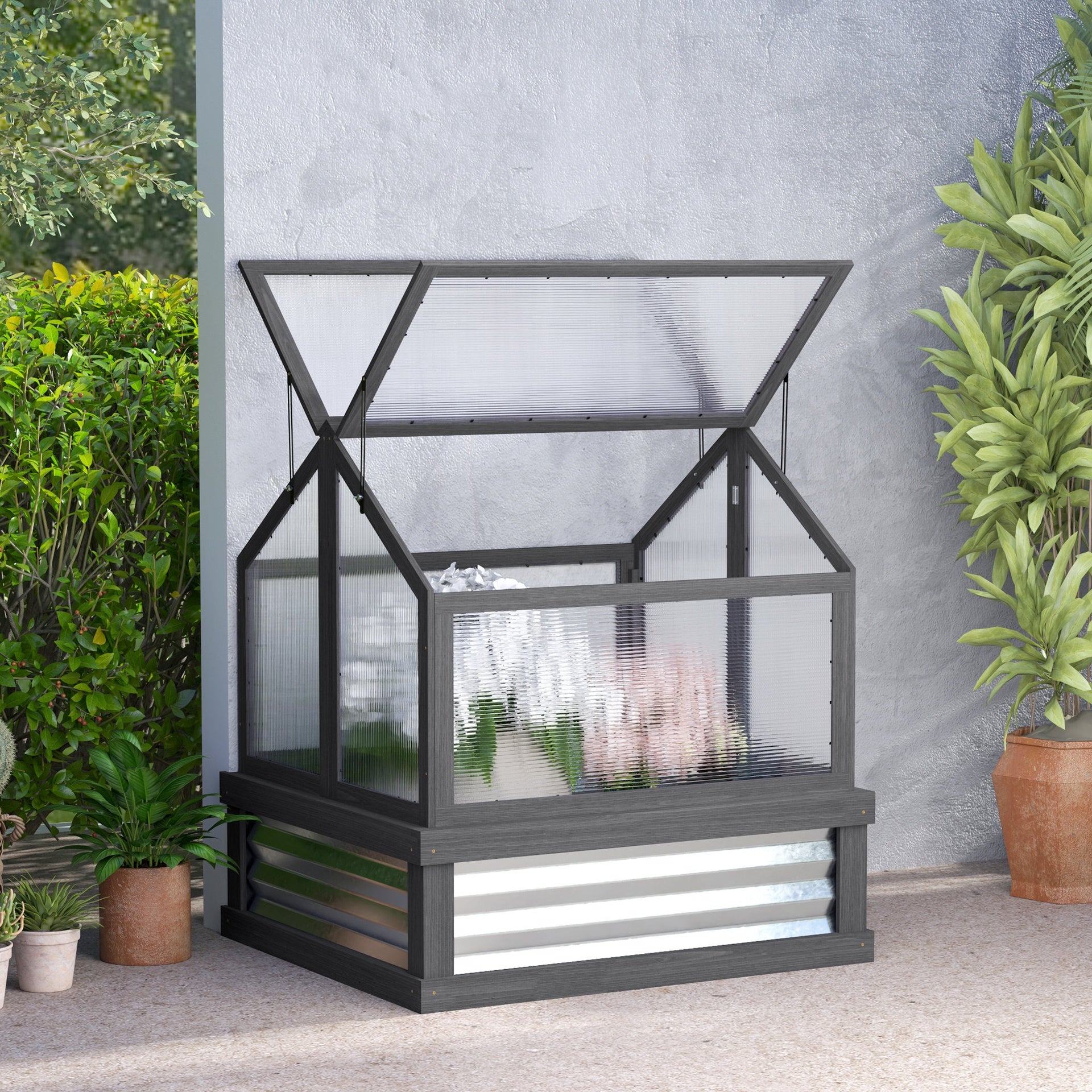 Outsunny Raised Garden Flower Bed Kit with Greenhouse, Wooden Cold Frame Planter, 35.5" x 31.5" x 36", Gray
