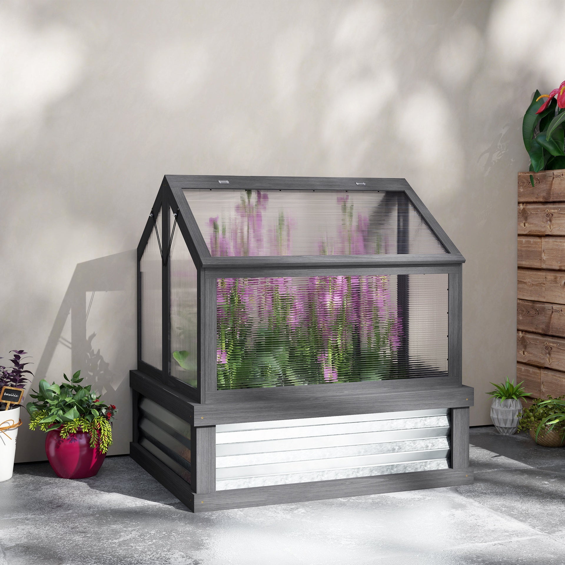 Outsunny Raised Garden Flower Bed Kit with Greenhouse, Wooden Cold Frame Planter, 35.5" x 31.5" x 36", Gray