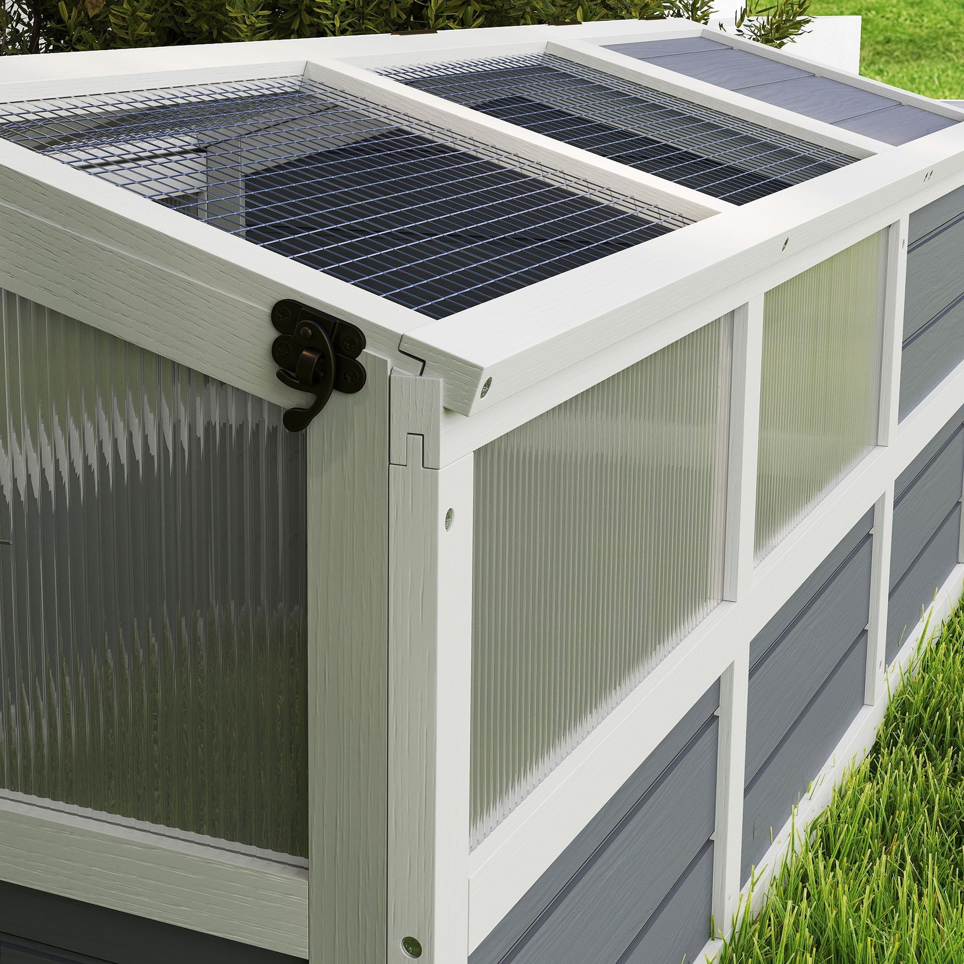 PawHut Wooden Tortoise Habitat Outdoor w/ Bottomless Design, Doors, PC Sun Panel Windows, for Small Animals, Rabbit, Light Gray