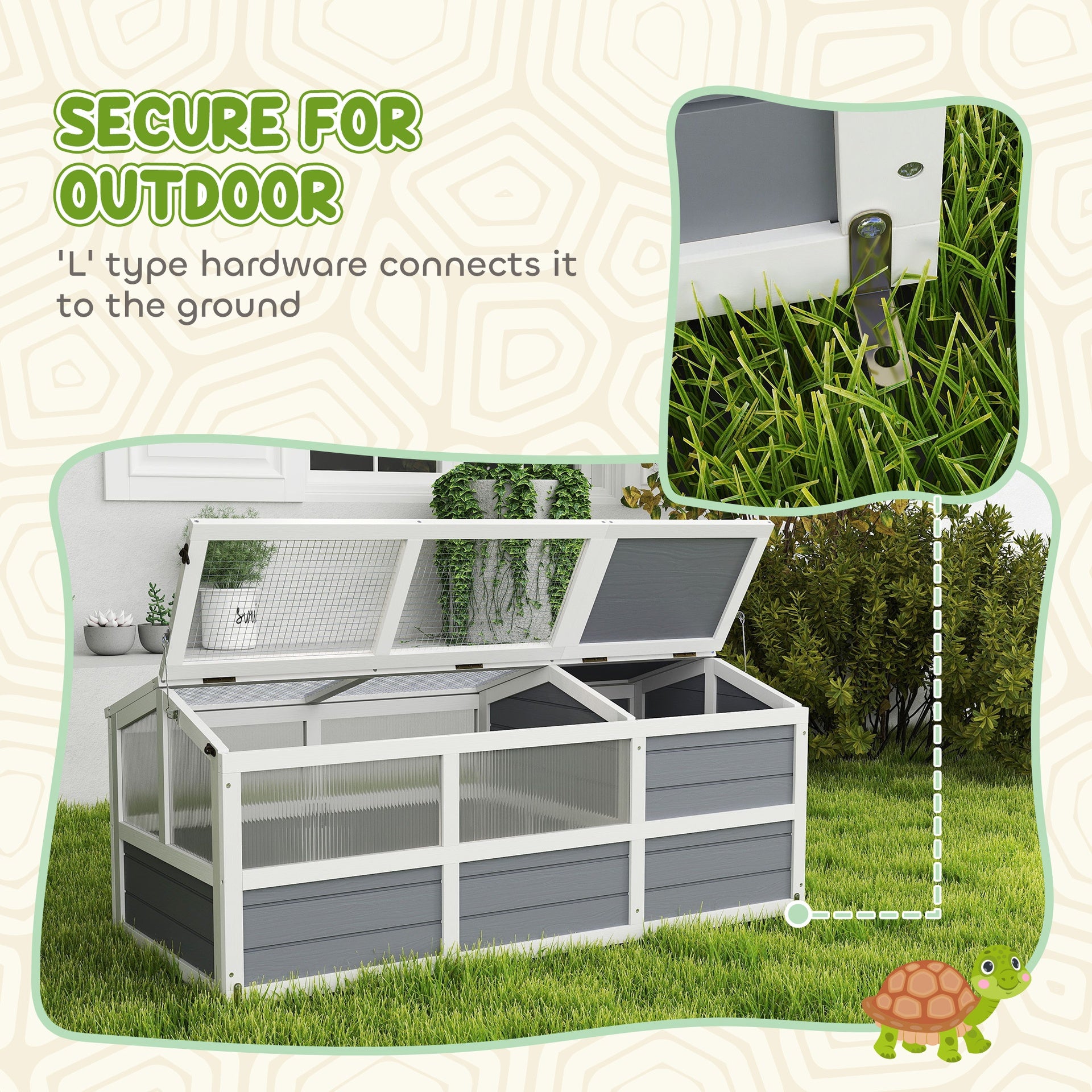 PawHut Wooden Tortoise Habitat Outdoor w/ Bottomless Design, Doors, PC Sun Panel Windows, for Small Animals, Rabbit, Light Gray