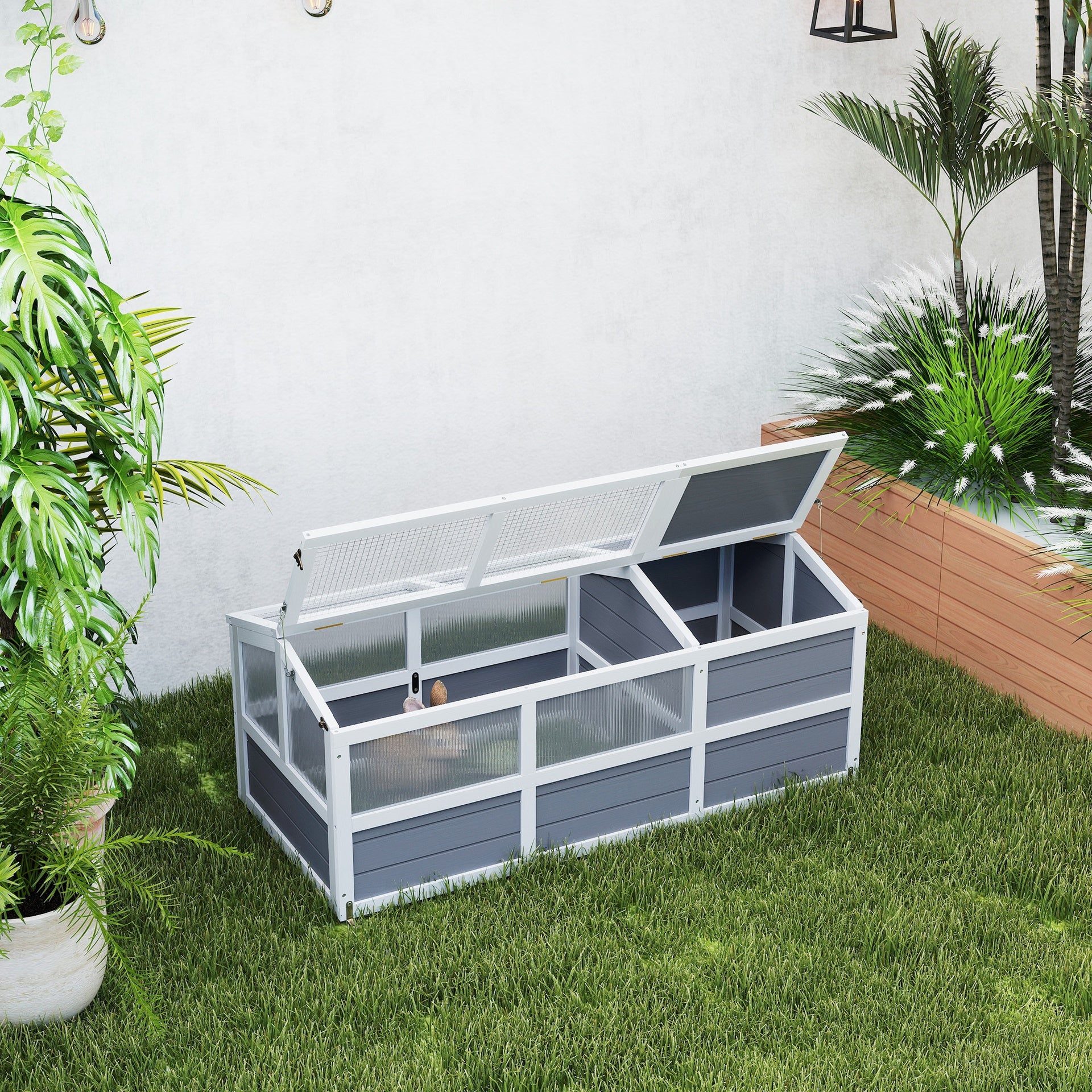 PawHut Wooden Tortoise Habitat Outdoor w/ Bottomless Design, Doors, PC Sun Panel Windows, for Small Animals, Rabbit, Light Gray