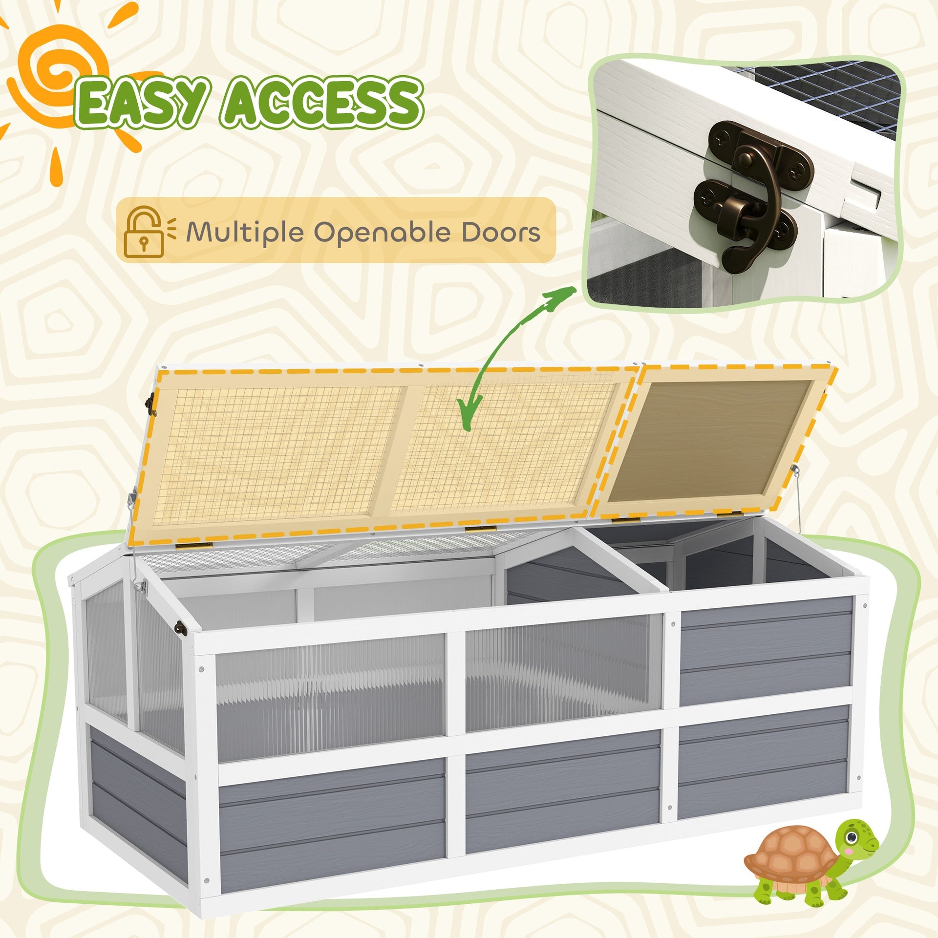 PawHut Wooden Tortoise Habitat Outdoor w/ Bottomless Design, Doors, PC Sun Panel Windows, for Small Animals, Rabbit, Light Gray