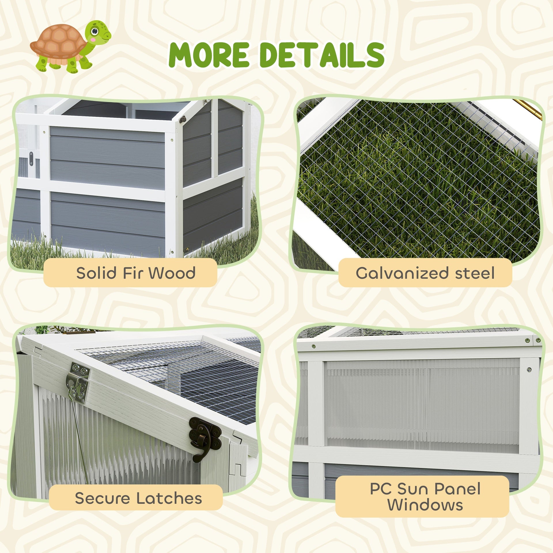 PawHut Wooden Tortoise Habitat Outdoor w/ Bottomless Design, Doors, PC Sun Panel Windows, for Small Animals, Rabbit, Light Gray