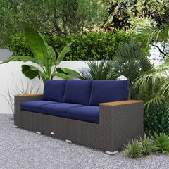 Outsunny 3-Seat Outdoor Patio Sofa, PE Wicker Outdoor Couch with  Extra Wide Deep Seat, Wide Armrests 4" Cushions, Navy Blue