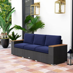 Outsunny 3-Seat Outdoor Patio Sofa, PE Wicker Outdoor Couch with  Extra Wide Deep Seat, Wide Armrests 4" Cushions, Navy Blue