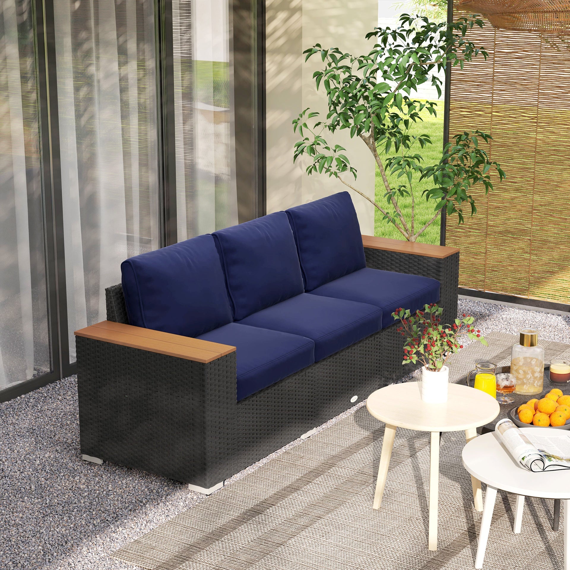 Outsunny 3-Seat Outdoor Patio Sofa, PE Wicker Outdoor Couch with  Extra Wide Deep Seat, Wide Armrests 4" Cushions, Navy Blue