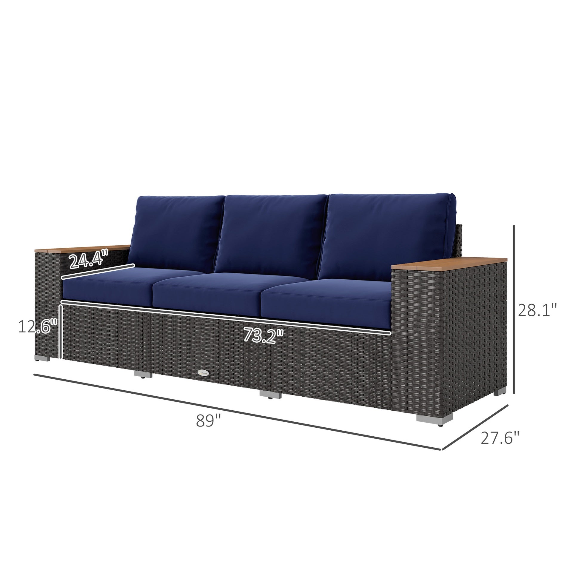 Outsunny 3-Seat Outdoor Patio Sofa, PE Wicker Outdoor Couch with  Extra Wide Deep Seat, Wide Armrests 4" Cushions, Navy Blue