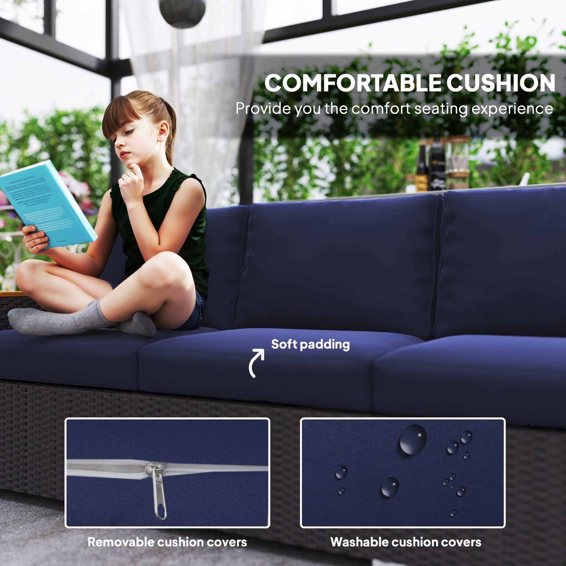 Outsunny 3-Seat Outdoor Patio Sofa, PE Wicker Outdoor Couch with  Extra Wide Deep Seat, Wide Armrests 4" Cushions, Navy Blue