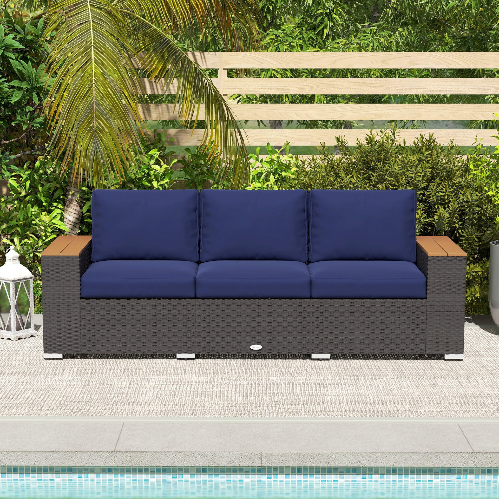 Outsunny 3-Seat Outdoor Patio Sofa, PE Wicker Outdoor Couch with  Extra Wide Deep Seat, Wide Armrests 4" Cushions, Navy Blue